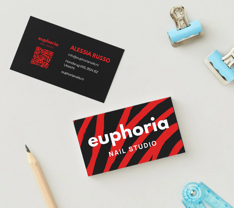 Red and black Euphoria Nail Studio business card branding mockup
