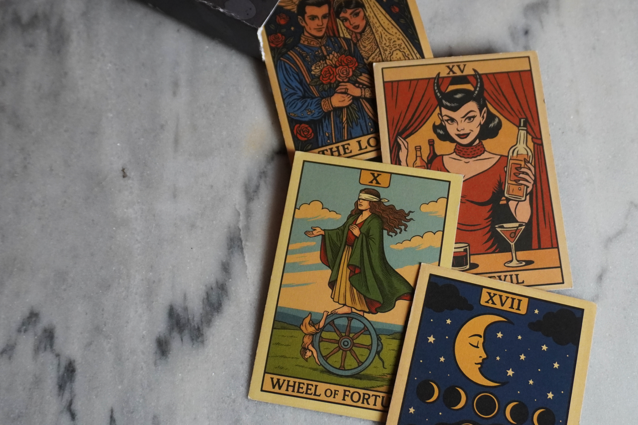 Tarot-inspired cocktail cards arranged on a marble table